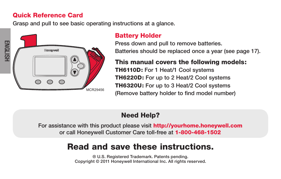 Read and save these instructions | Honeywell FocusPRO TH6000 Series User Manual | Page 2 / 80