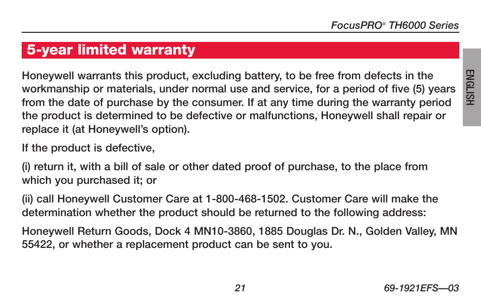 About your new thermostat, Year limited warranty | Honeywell FocusPRO TH6000 Series User Manual | Page 23 / 80