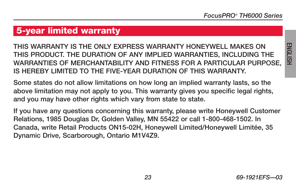 About your new thermostat, Year limited warranty | Honeywell FocusPRO TH6000 Series User Manual | Page 25 / 80