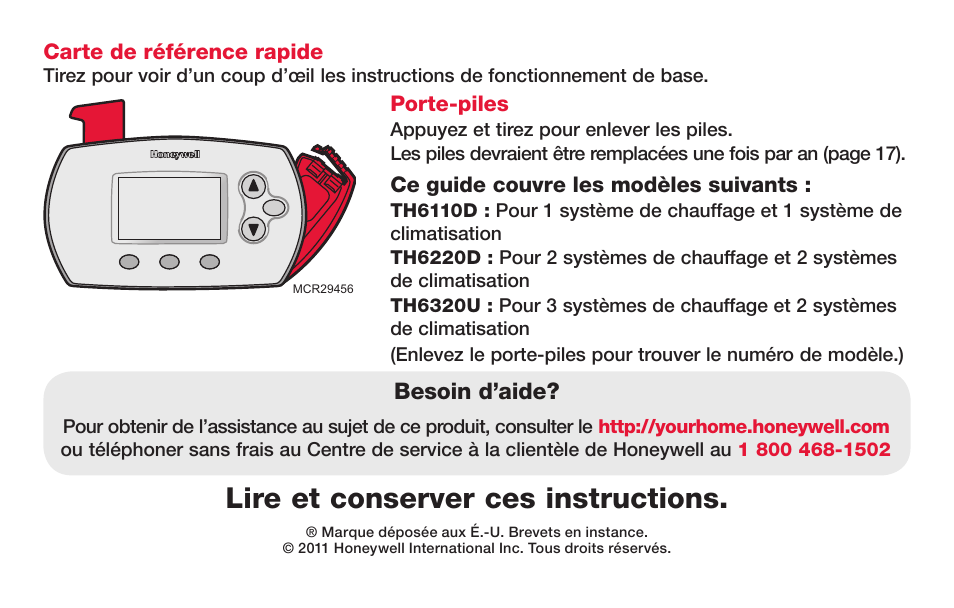 Lire et conserver ces instructions | Honeywell FocusPRO TH6000 Series User Manual | Page 28 / 80
