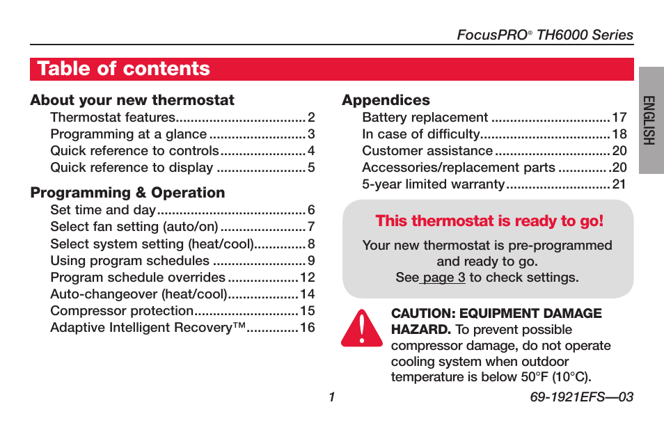 Honeywell FocusPRO TH6000 Series User Manual | Page 3 / 80
