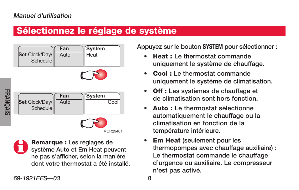 Sélectionnez le réglage de système | Honeywell FocusPRO TH6000 Series User Manual | Page 36 / 80