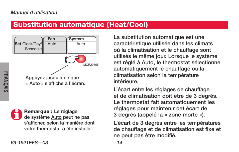 Substitution automatique (heat/cool) | Honeywell FocusPRO TH6000 Series User Manual | Page 42 / 80
