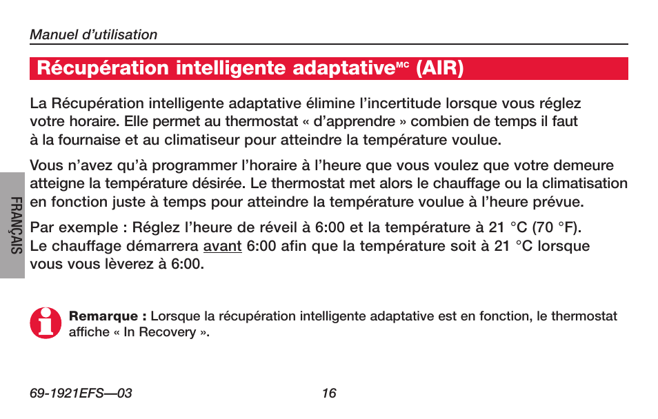 Récupération intelligente adaptative, Air) | Honeywell FocusPRO TH6000 Series User Manual | Page 44 / 80