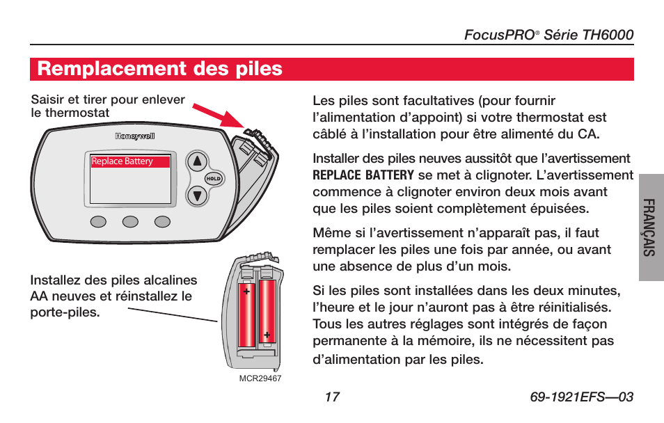 Remplacement des piles | Honeywell FocusPRO TH6000 Series User Manual | Page 45 / 80