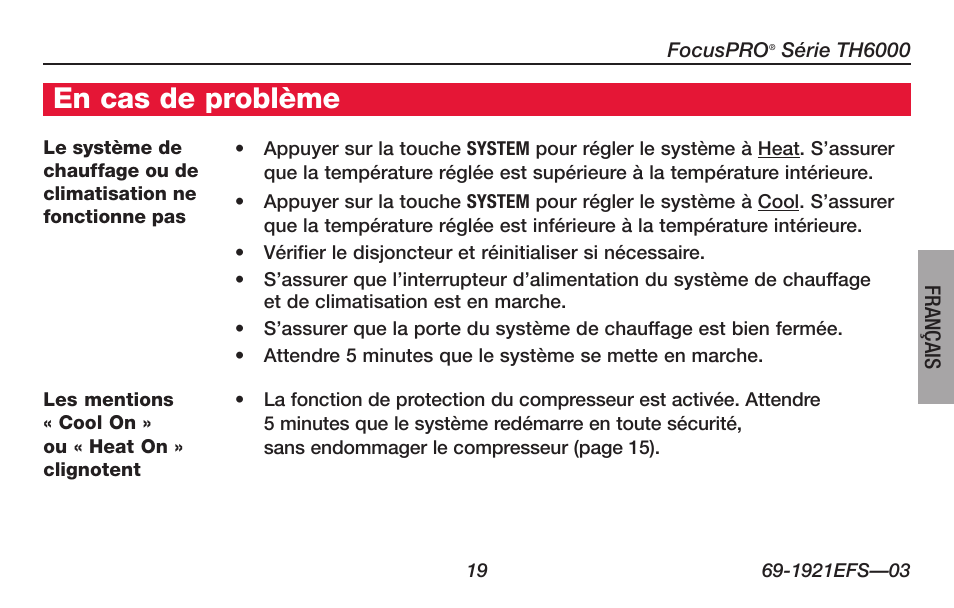 En cas de problème | Honeywell FocusPRO TH6000 Series User Manual | Page 47 / 80