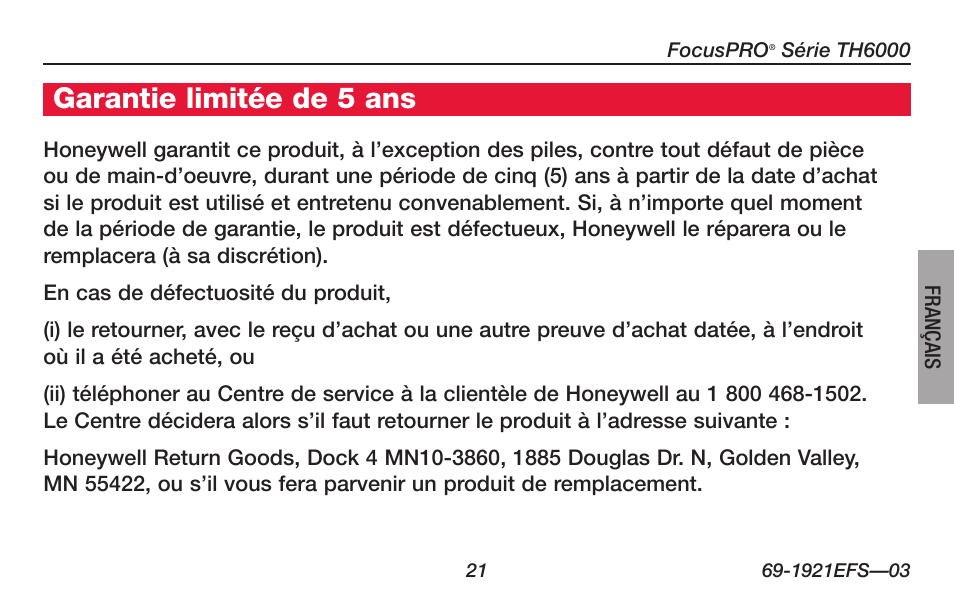 Garantie limitée de 5 ans | Honeywell FocusPRO TH6000 Series User Manual | Page 49 / 80