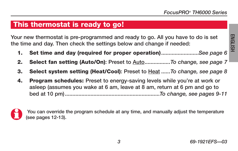 About your new thermostat, This thermostat is ready to go | Honeywell FocusPRO TH6000 Series User Manual | Page 5 / 80