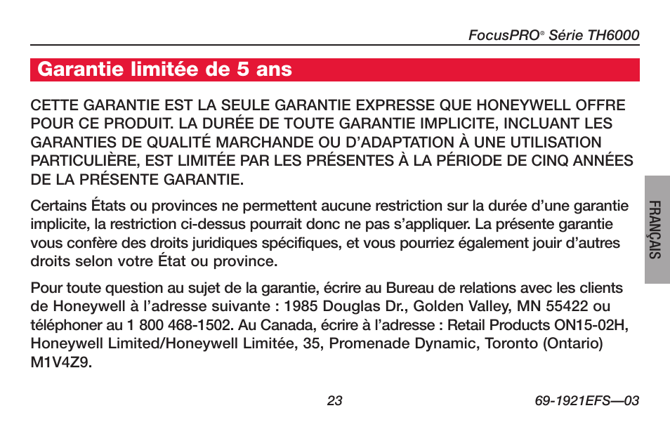 Garantie limitée de 5 ans | Honeywell FocusPRO TH6000 Series User Manual | Page 51 / 80