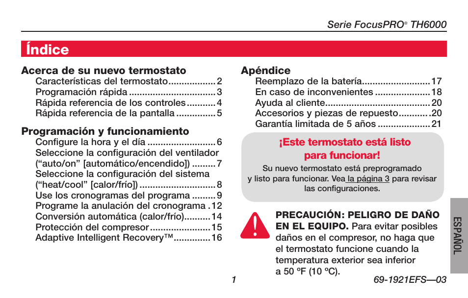 Acerca de su nuevo termostato, Índice | Honeywell FocusPRO TH6000 Series User Manual | Page 55 / 80
