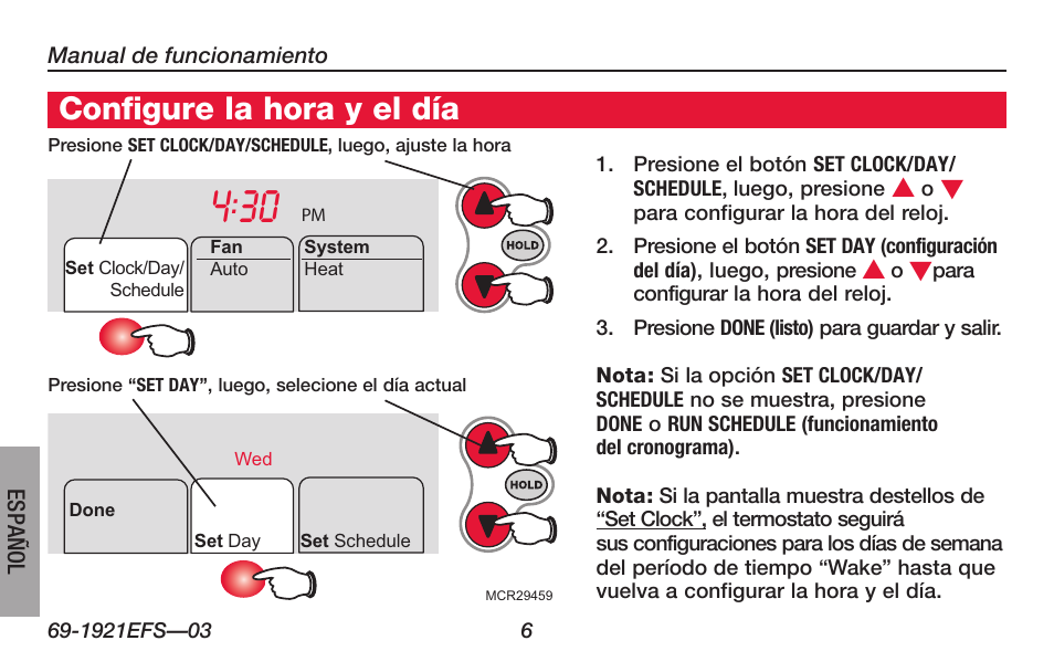 Acerca de su nuevo termostato, Configure la hora y el día | Honeywell FocusPRO TH6000 Series User Manual | Page 60 / 80