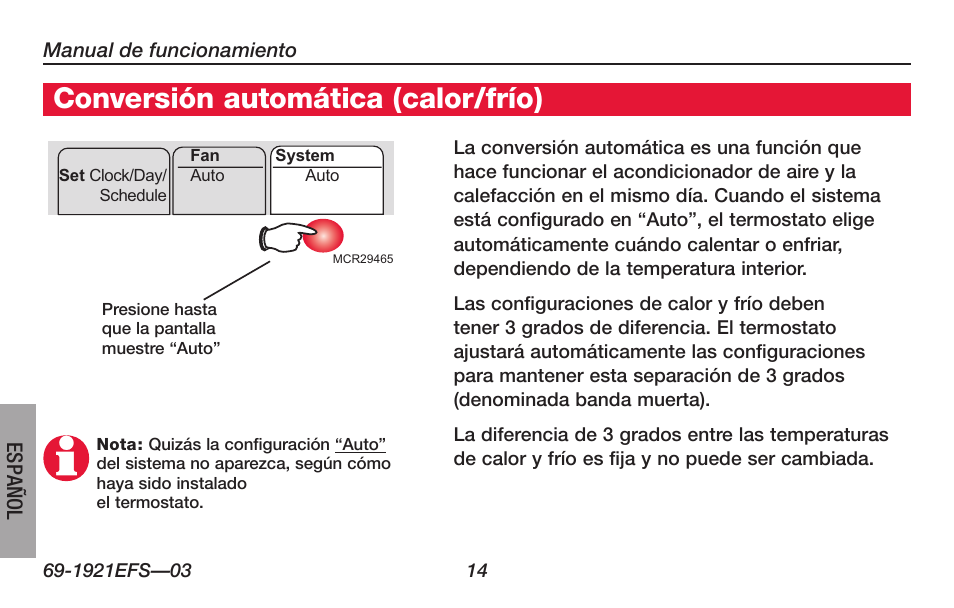 Acerca de su nuevo termostato, Conversión automática (calor/frío) | Honeywell FocusPRO TH6000 Series User Manual | Page 68 / 80