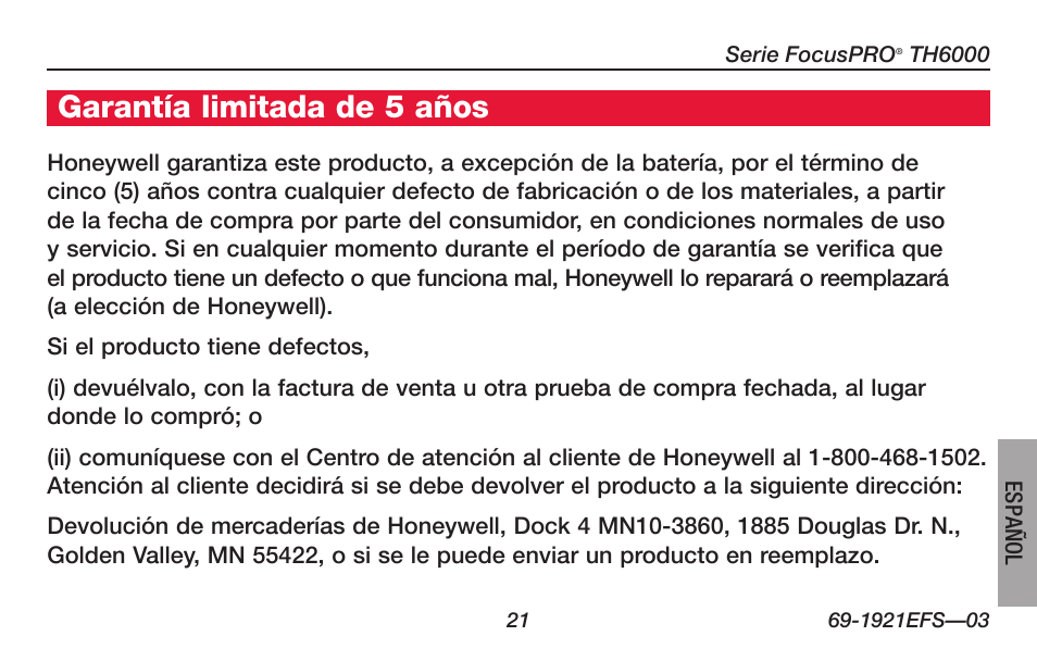 Acerca de su nuevo termostato, Garantía limitada de 5 años | Honeywell FocusPRO TH6000 Series User Manual | Page 75 / 80