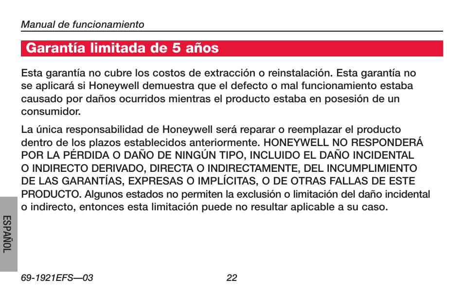 Acerca de su nuevo termostato, Garantía limitada de 5 años | Honeywell FocusPRO TH6000 Series User Manual | Page 76 / 80
