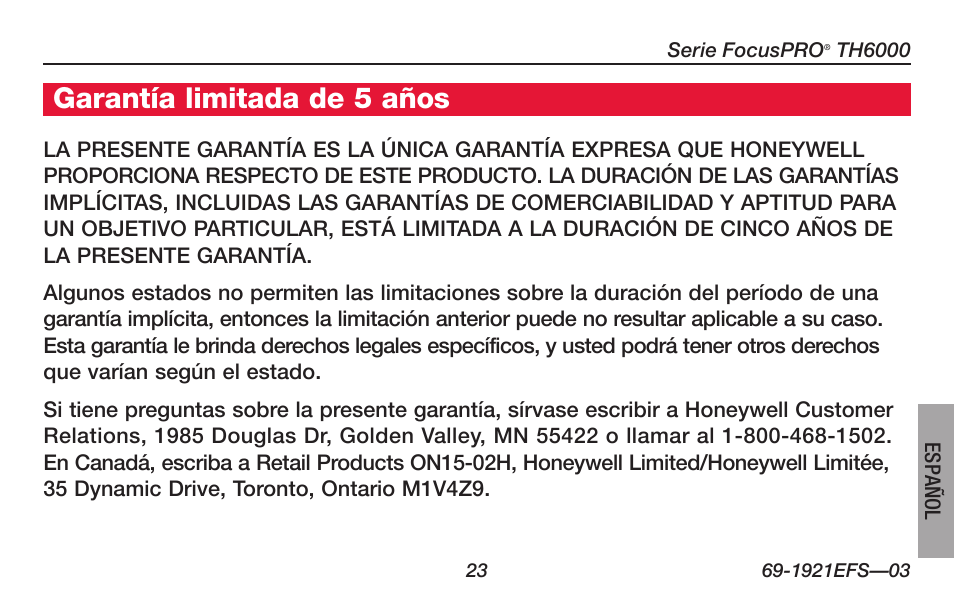 Acerca de su nuevo termostato, Garantía limitada de 5 años | Honeywell FocusPRO TH6000 Series User Manual | Page 77 / 80