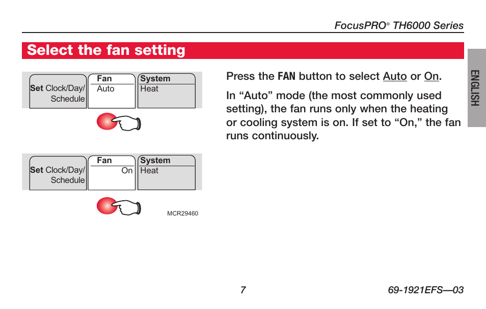 About your new thermostat, Select the fan setting | Honeywell FocusPRO TH6000 Series User Manual | Page 9 / 80