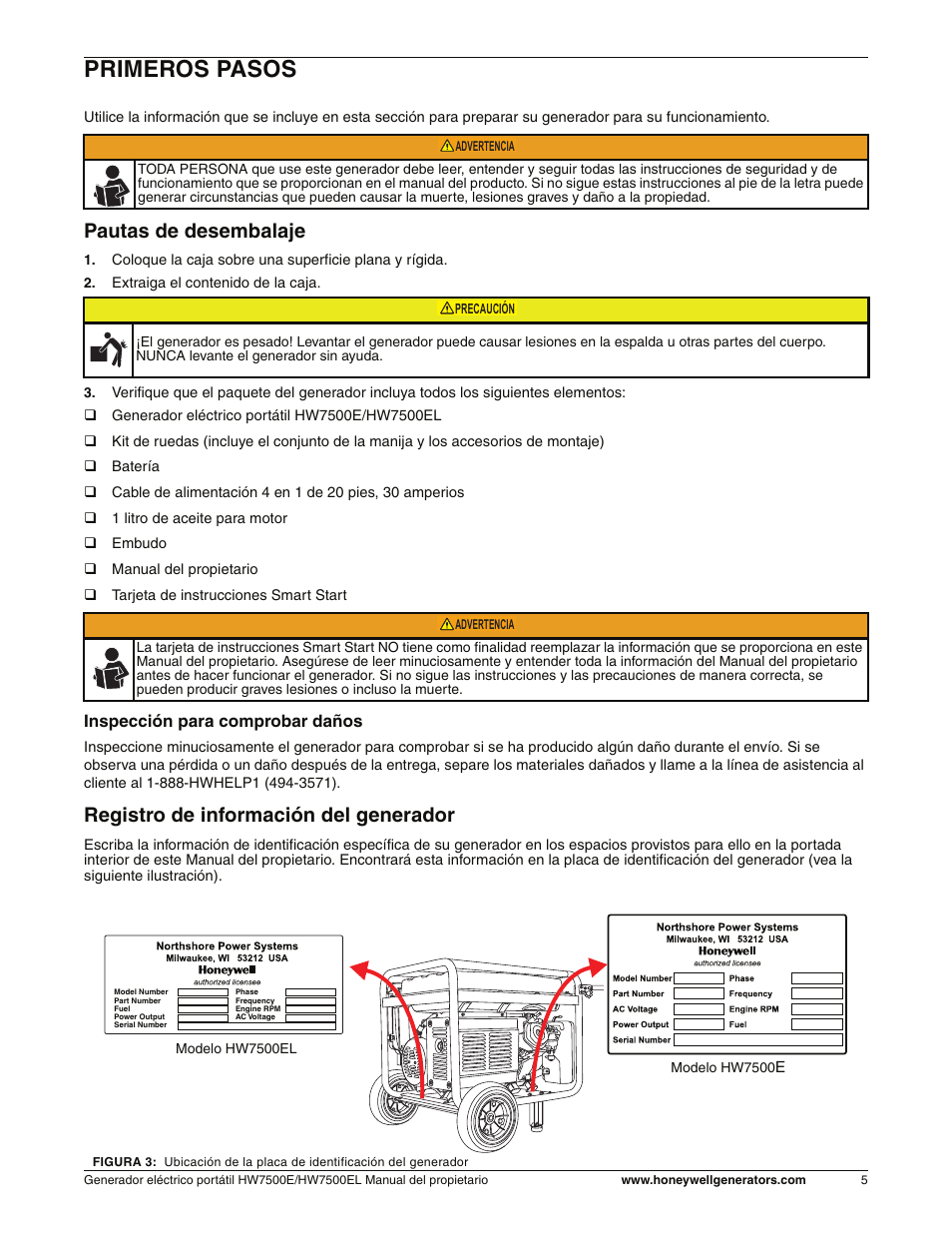 Primeros pasos, Pautas de desembalaje, Registro de información del generador | Inspección para comprobar daños | Honeywell HW7500EL User Manual | Page 57 / 94