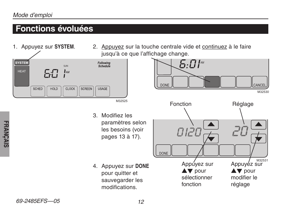 Fonctions évoluées | Honeywell TH8320ZW User Manual | Page 38 / 72