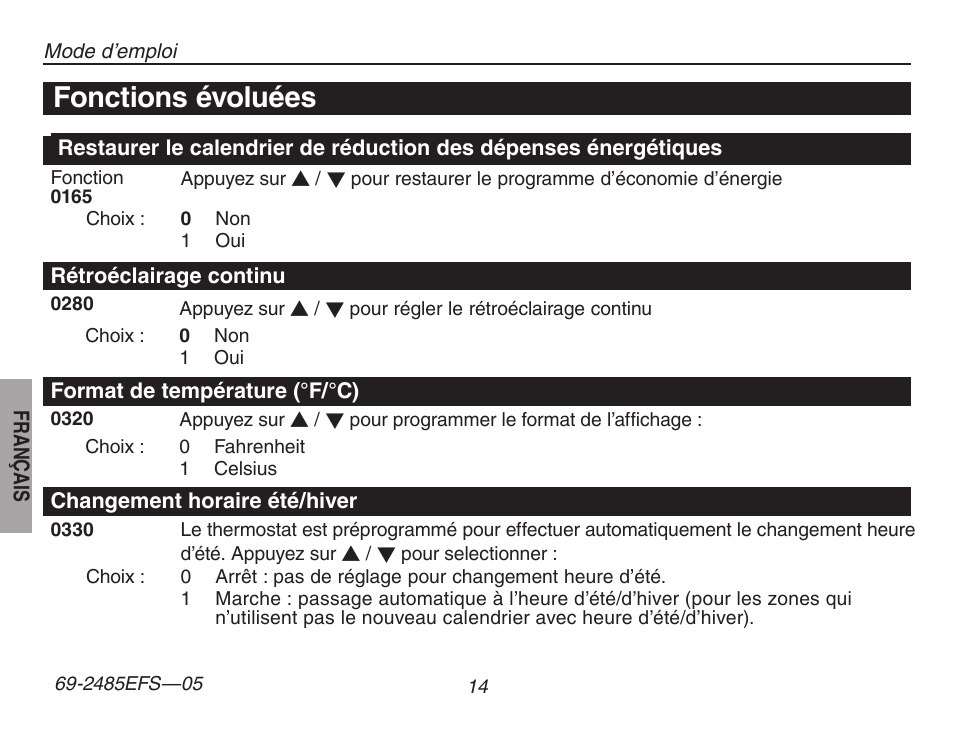 Fonctions évoluées | Honeywell TH8320ZW User Manual | Page 40 / 72