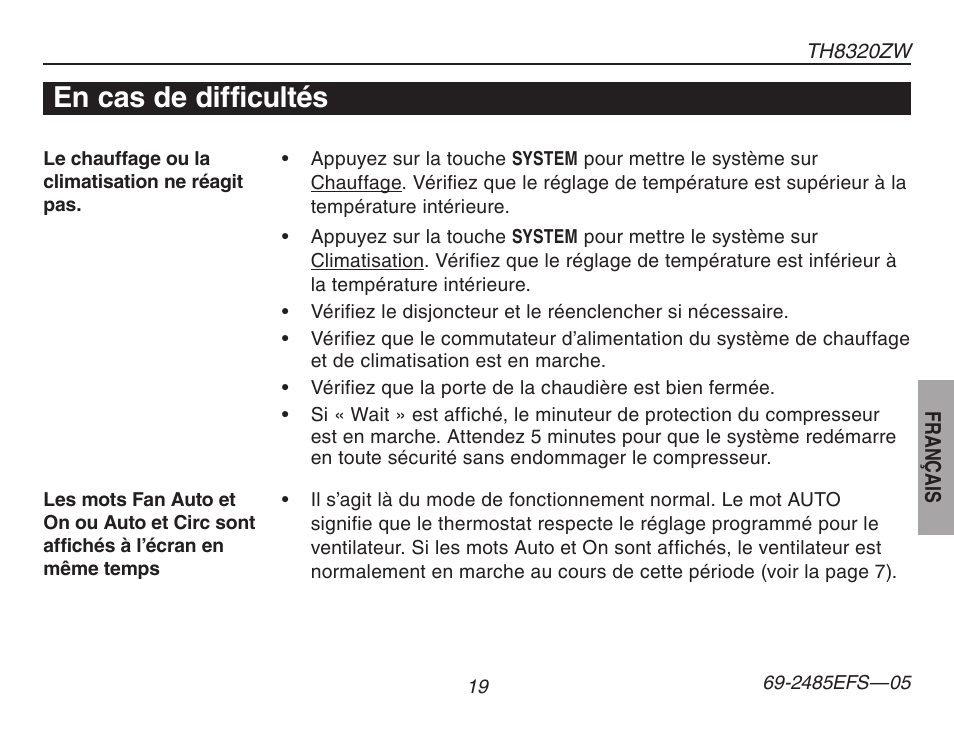 À propos du thermostat, En cas de difficultés | Honeywell TH8320ZW User Manual | Page 45 / 72