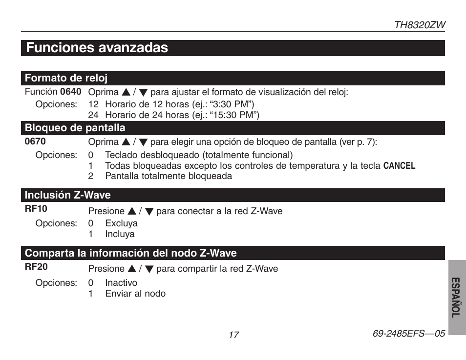 Funciones avanzadas | Honeywell TH8320ZW User Manual | Page 67 / 72