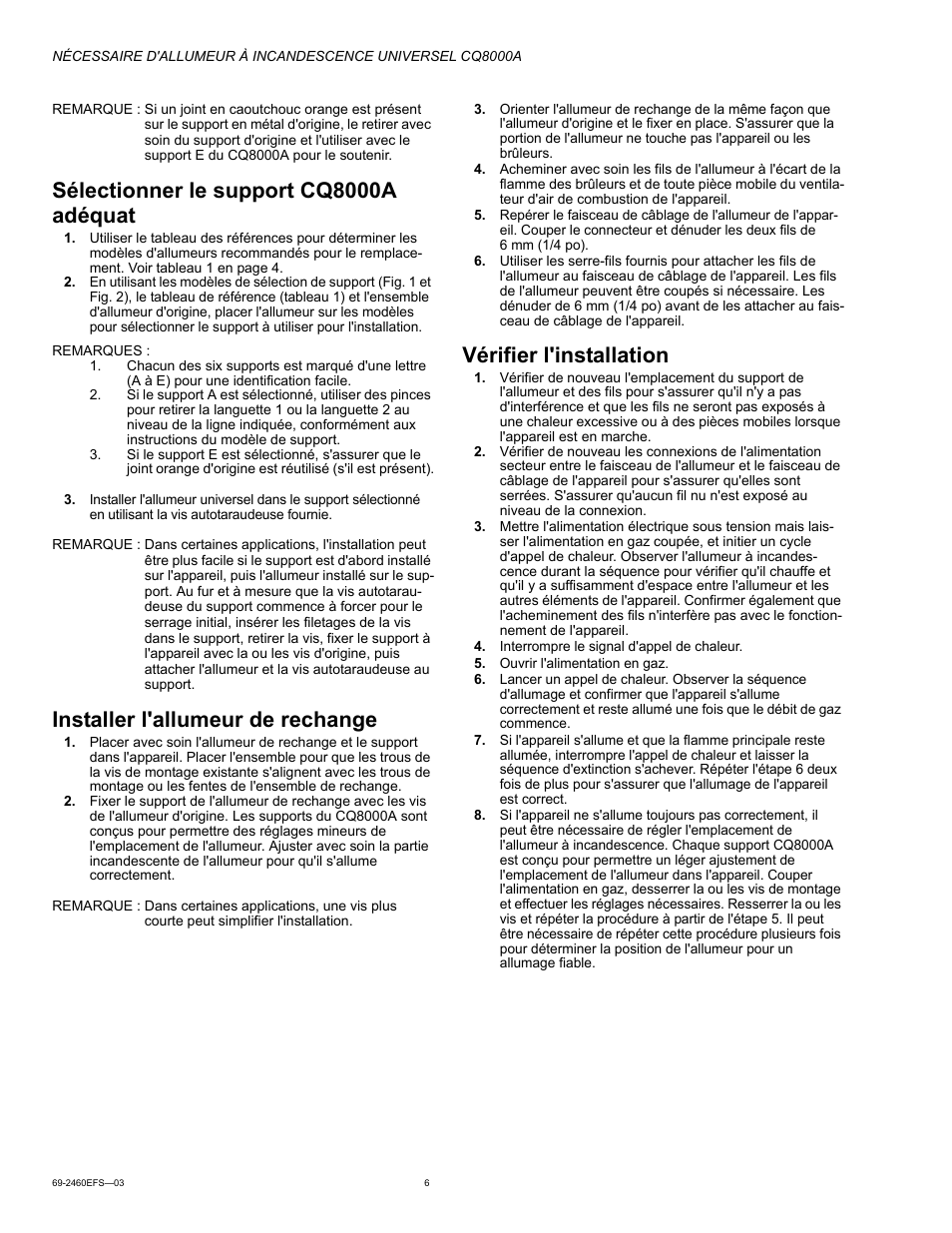 Sélectionner le support cq8000a adéquat, Installer l'allumeur de rechange, Vérifier l'installation | Honeywell CQ8000A User Manual | Page 6 / 8