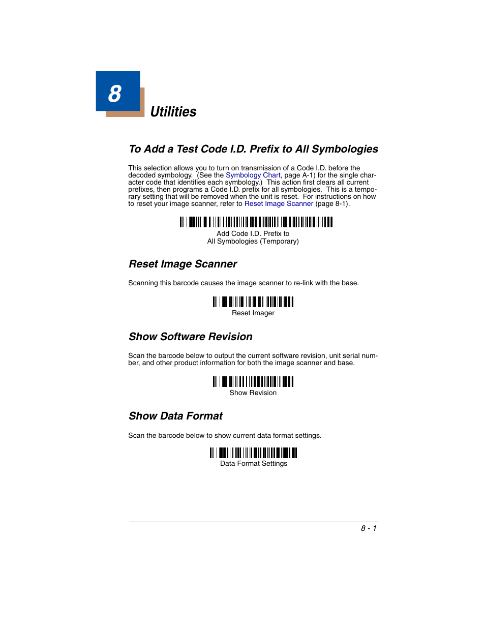 Utilities, To add a test code i.d. prefix to all symbologies, Reset image scanner | Show software revision, Show data format, Chapter 8 - utilities | Honeywell 2020 User Manual | Page 131 / 188