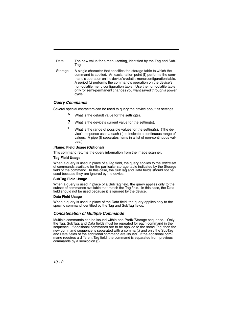 Query commands, Concatenation of multiple commands | Honeywell 2020 User Manual | Page 138 / 188