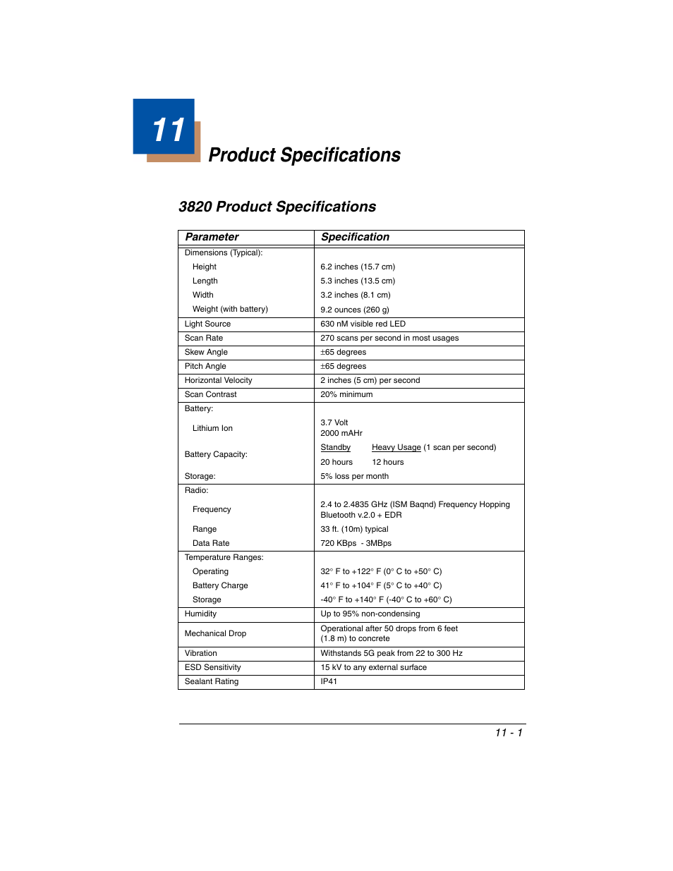 Product specifications, 3820 product specifications, Chapter 11 - product specifications | 3820 product specifications -1 | Honeywell 2020 User Manual | Page 161 / 188