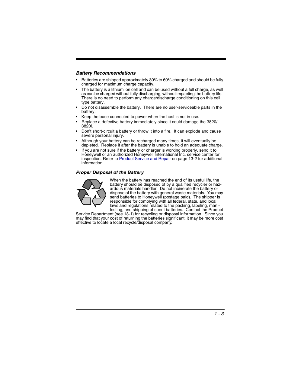 Proper disposal of the battery, Proper disposal of the battery -3 | Honeywell 2020 User Manual | Page 21 / 188