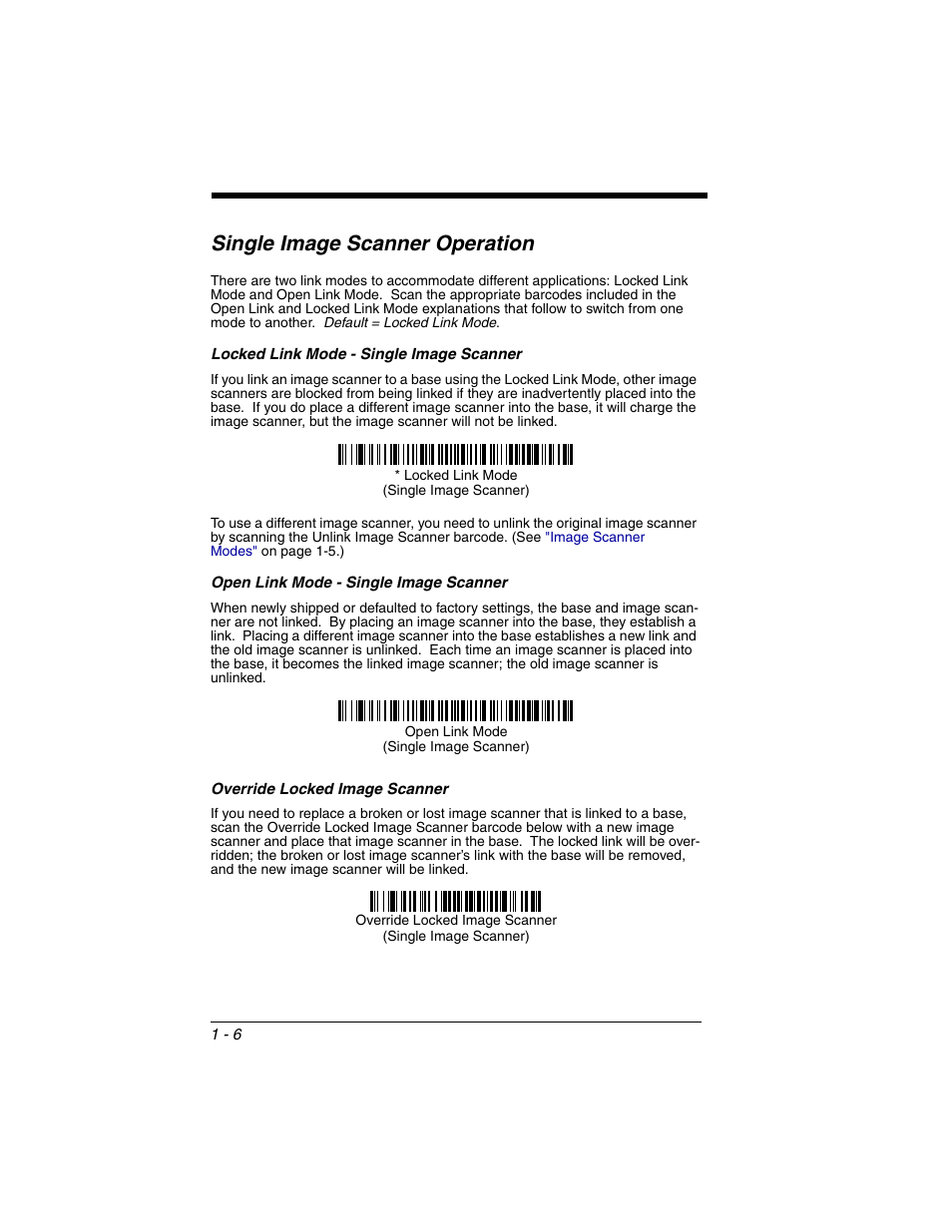Single image scanner operation, Locked link mode - single image scanner, Open link mode - single image scanner | Override locked image scanner, Single image scanner operation -6 | Honeywell 2020 User Manual | Page 24 / 188