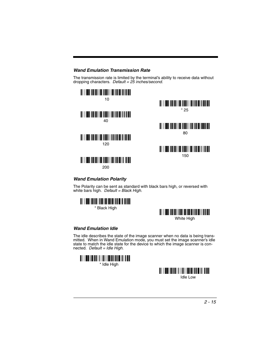 Wand emulation transmission rate, Wand emulation polarity, Wand emulation idle | Honeywell 2020 User Manual | Page 61 / 188