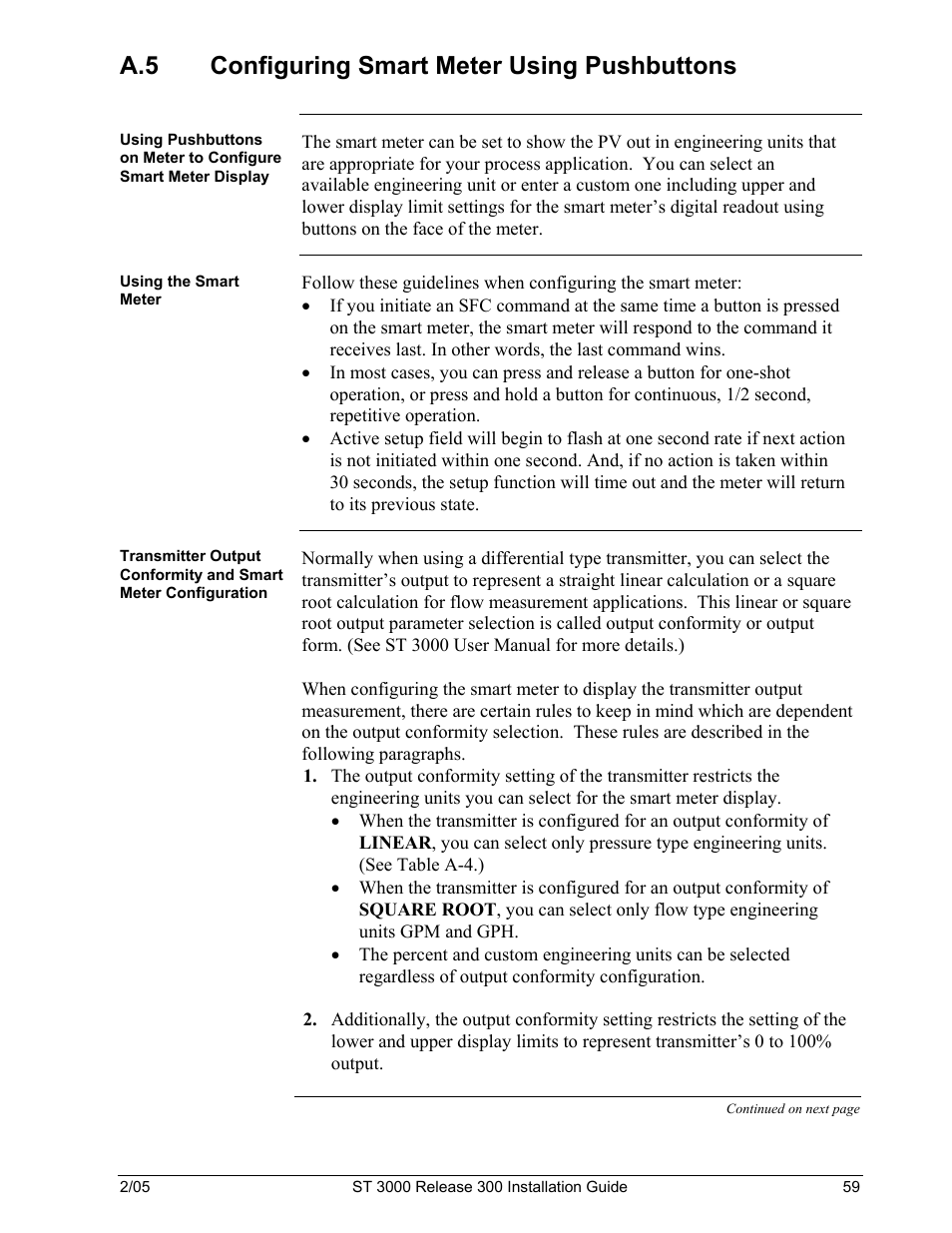 A.5 configuring smart meter using pushbuttons | Honeywell ST 3000 User Manual | Page 69 / 126