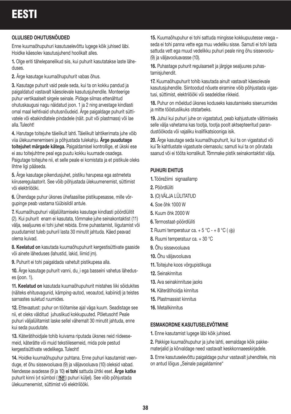 Eesti | Honeywell BH-777FTE User Manual | Page 38 / 78