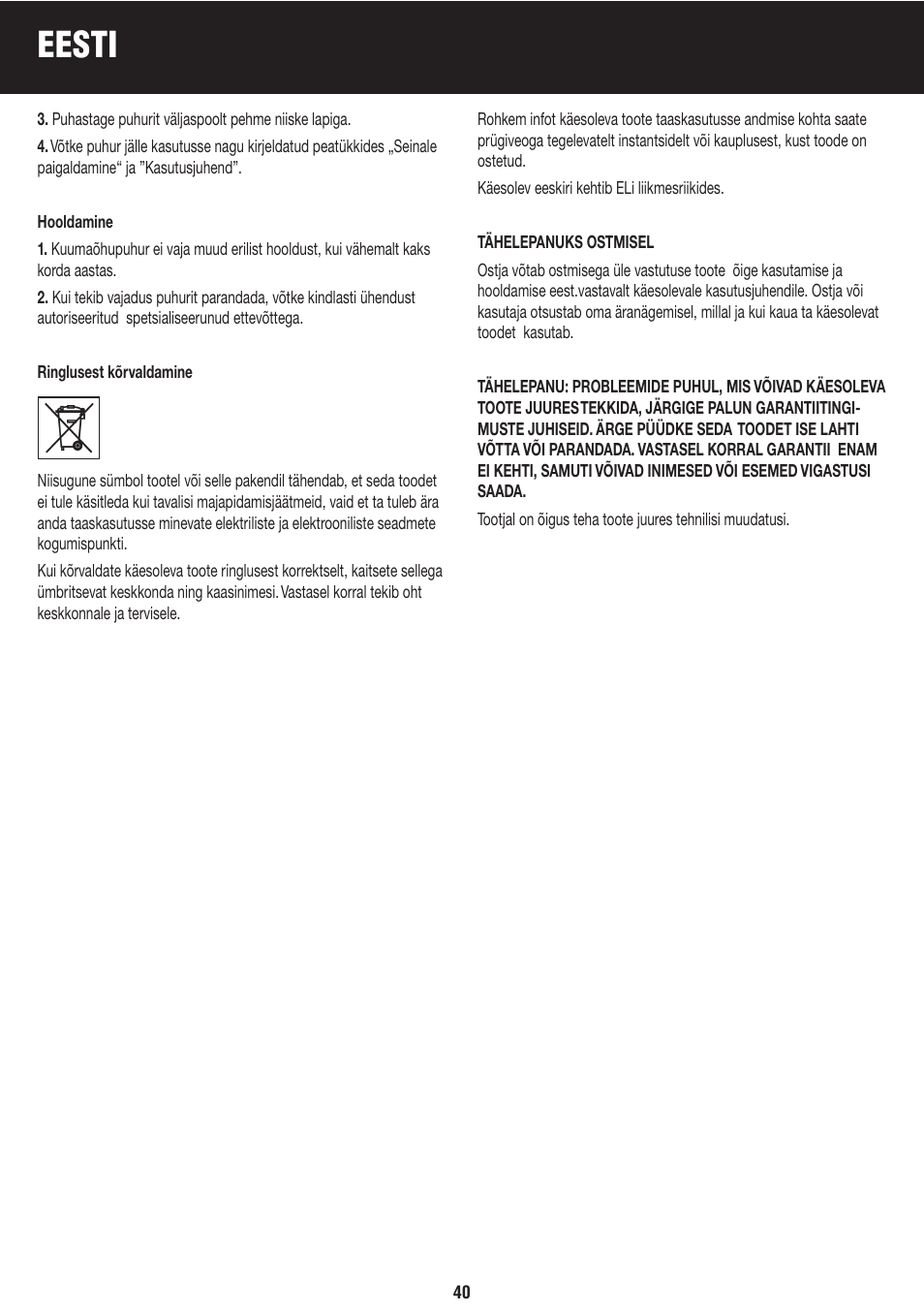 Eesti | Honeywell BH-777FTE User Manual | Page 40 / 78