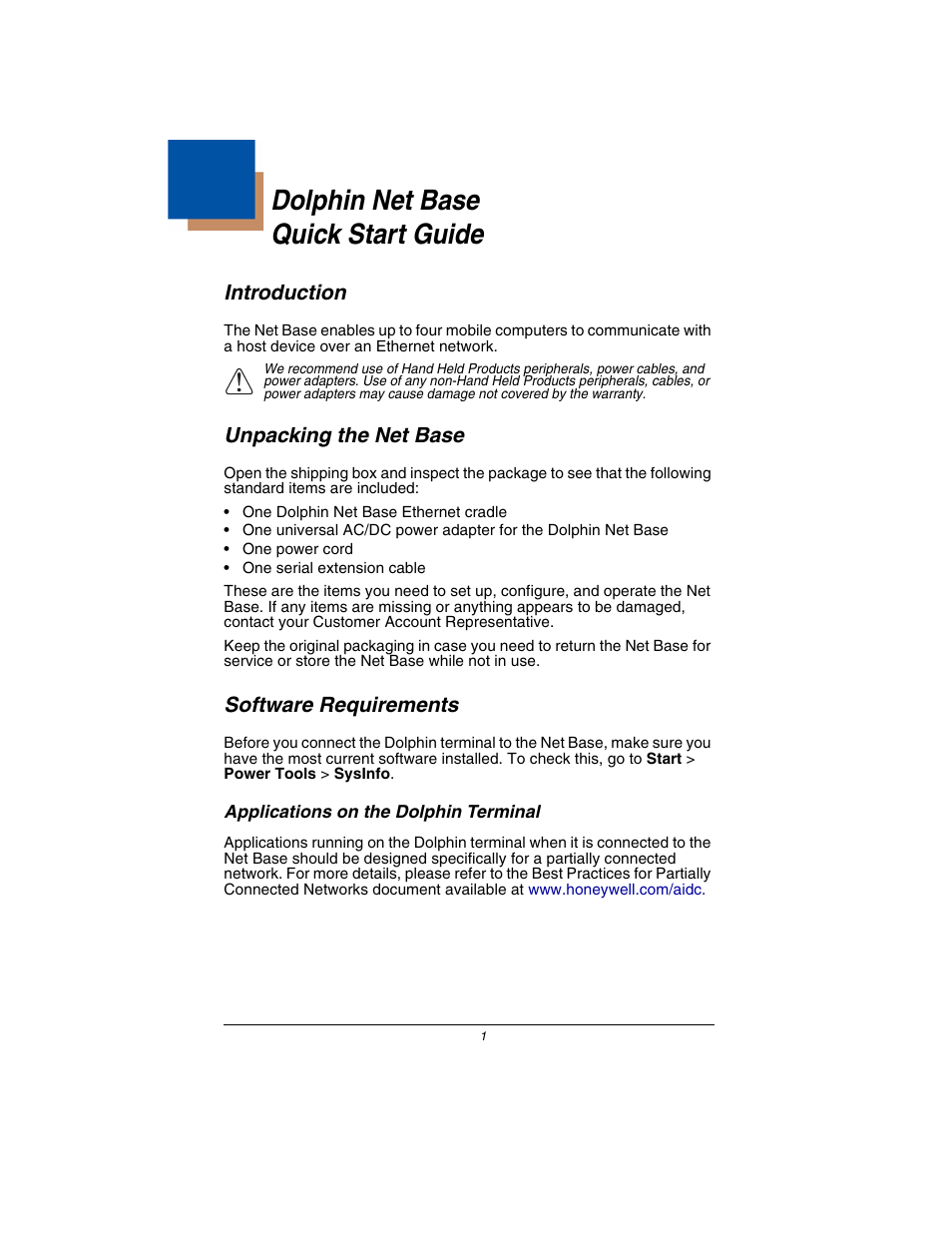 Quick start guide, Introduction, Unpacking the net base | Software requirements, Applications on the dolphin terminal, Dolphin net base quick start guide | Honeywell Dolphin 7900 User Manual | Page 3 / 20