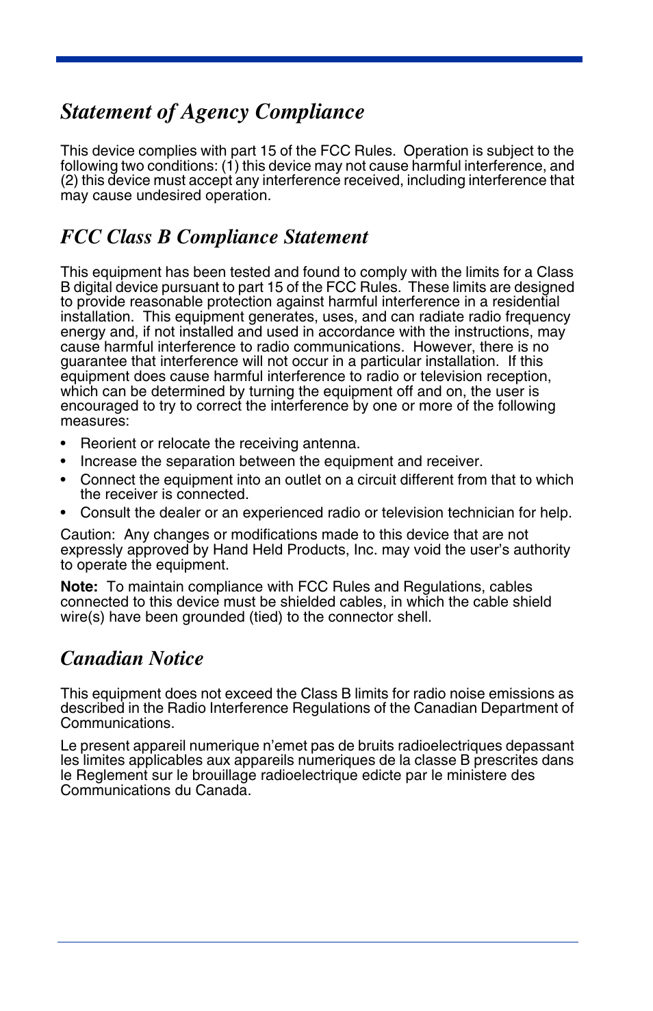 Statement of agency compliance, Fcc class b compliance statement, Canadian notice | Hand Held Products HANDHELD 3800G User Manual | Page 3 / 144