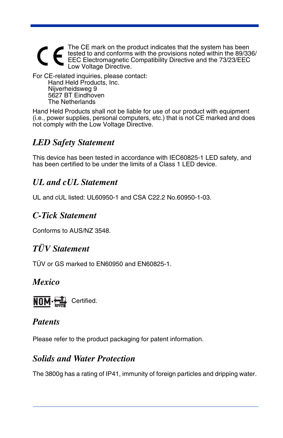 Led safety statement, Ul and cul statement, C-tick statement | Tüv statement, Mexico, Patents, Solids and water protection | Hand Held Products HANDHELD 3800G User Manual | Page 4 / 144