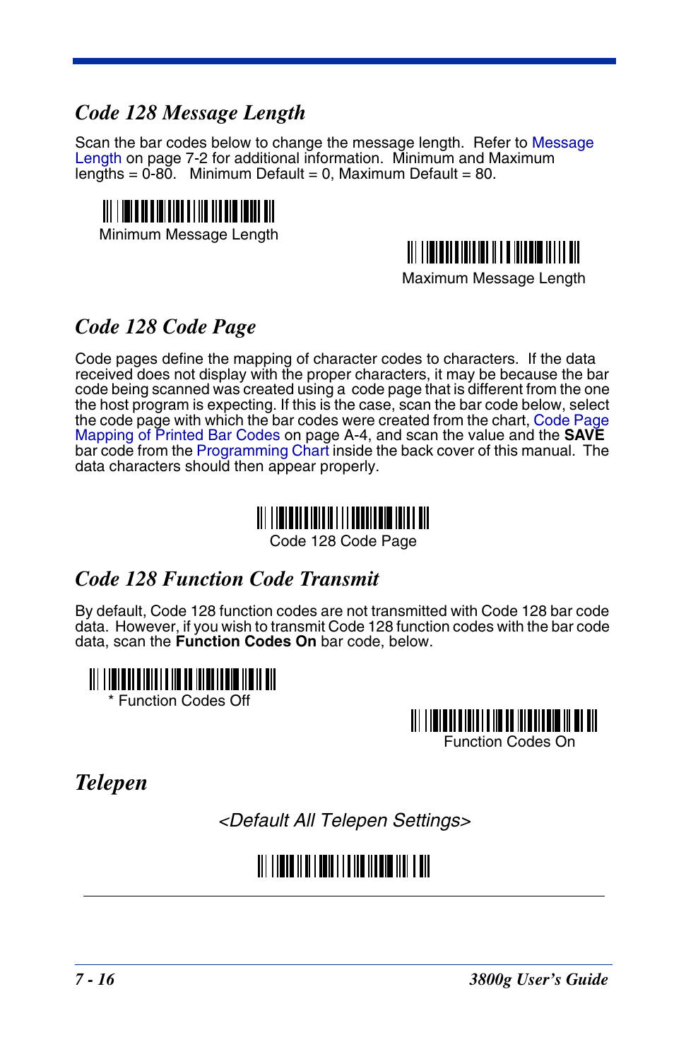 Code 128 message length, Code 128 function code transmit, Telepen | Code 128 code page, Default all telepen settings | Hand Held Products HANDHELD 3800G User Manual | Page 76 / 144