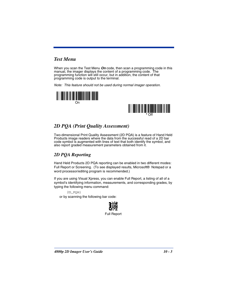 Test menu, 2d pqa (print quality assessment), 2d pqa reporting | Test menu -3 2d pqa (print quality assessment) -3, 2d pqa reporting -3 | Hand Held Products 2D IMAGER 4800P User Manual | Page 135 / 184