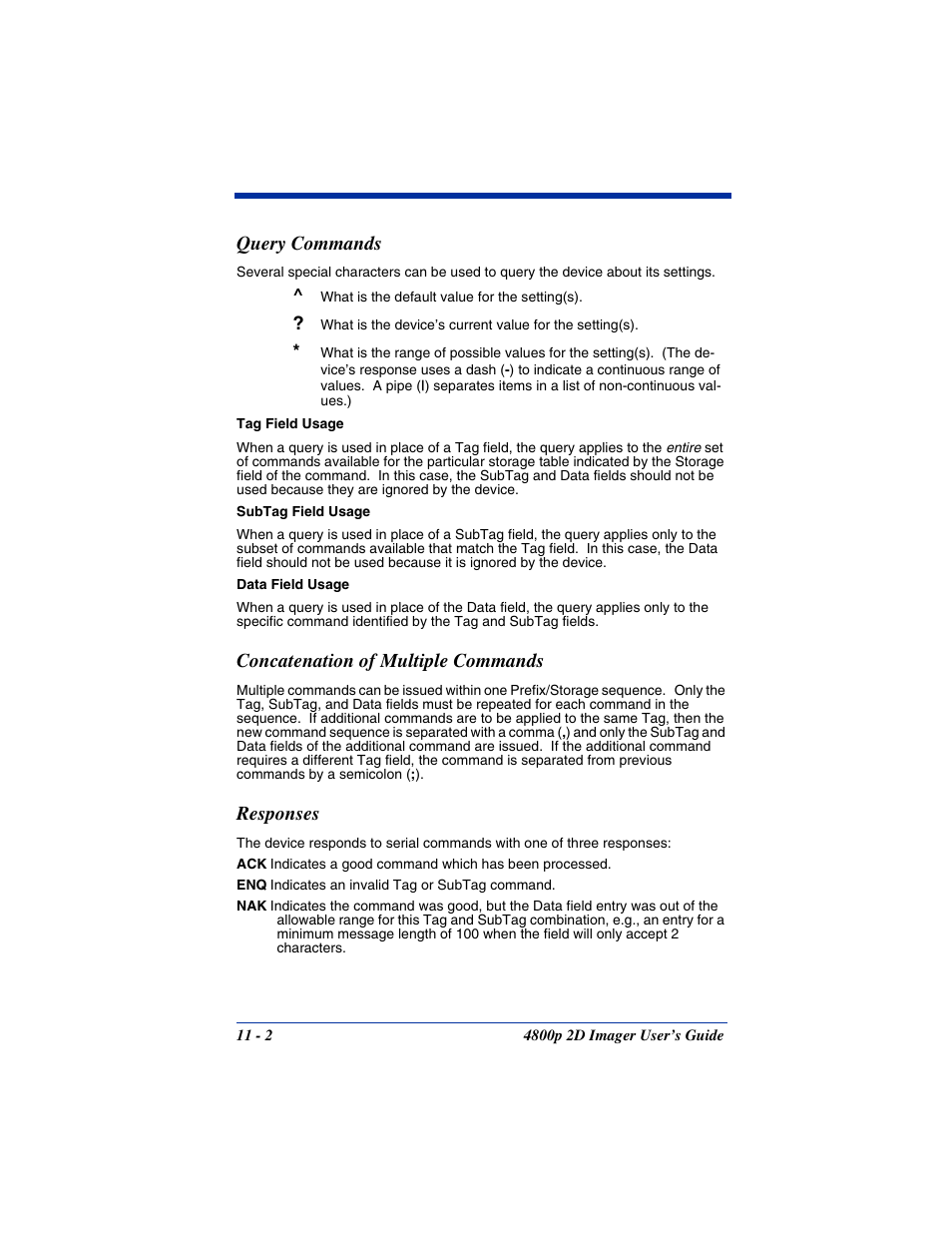 Query commands, Concatenation of multiple commands, Responses | Hand Held Products 2D IMAGER 4800P User Manual | Page 140 / 184