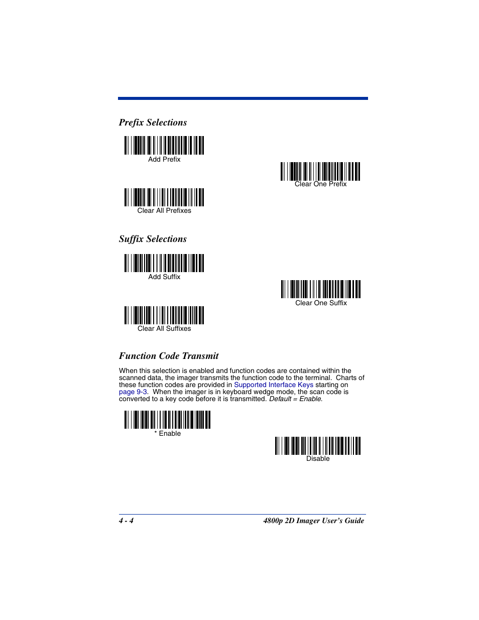 Prefix selections, Suffix selections, Function code transmit | Hand Held Products 2D IMAGER 4800P User Manual | Page 44 / 184