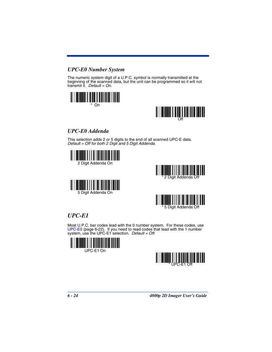 Upc-e0 number system, Upc-e0 addenda, Upc-e0 number system -24 upc-e0 addenda -24 | Upc-e1 | Hand Held Products 2D IMAGER 4800P User Manual | Page 78 / 184