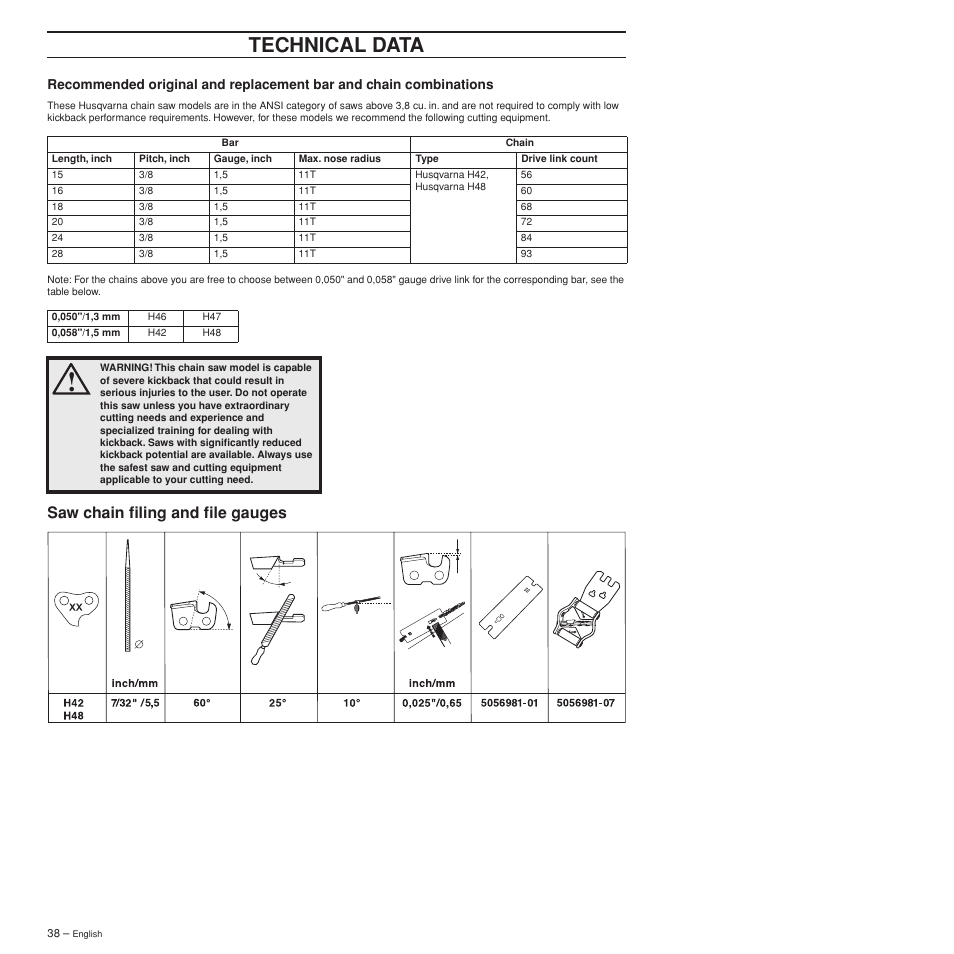 Saw chain filing and file gauges, Technical data | Husqvarna 372XPW User Manual | Page 38 / 44