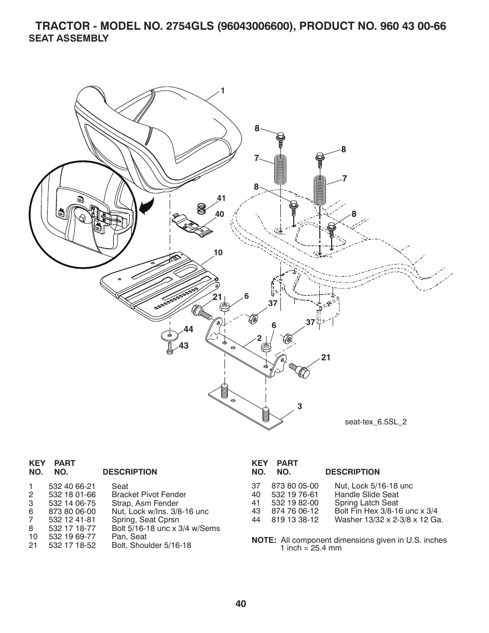 Seat assembly | Husqvarna 2754 GLS User Manual | Page 40 / 49