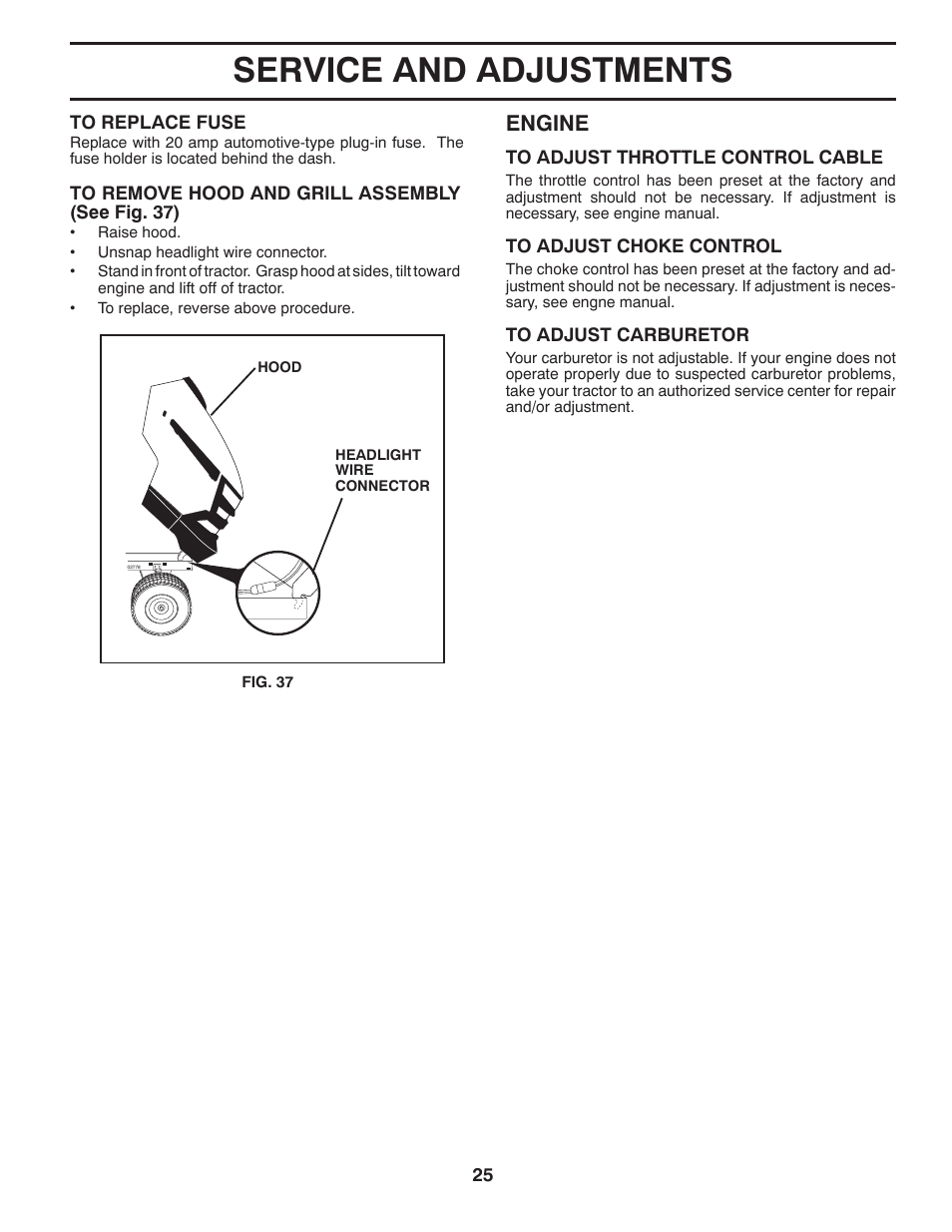 Service and adjustments, Engine | Husqvarna 96045000504 User Manual | Page 25 / 48
