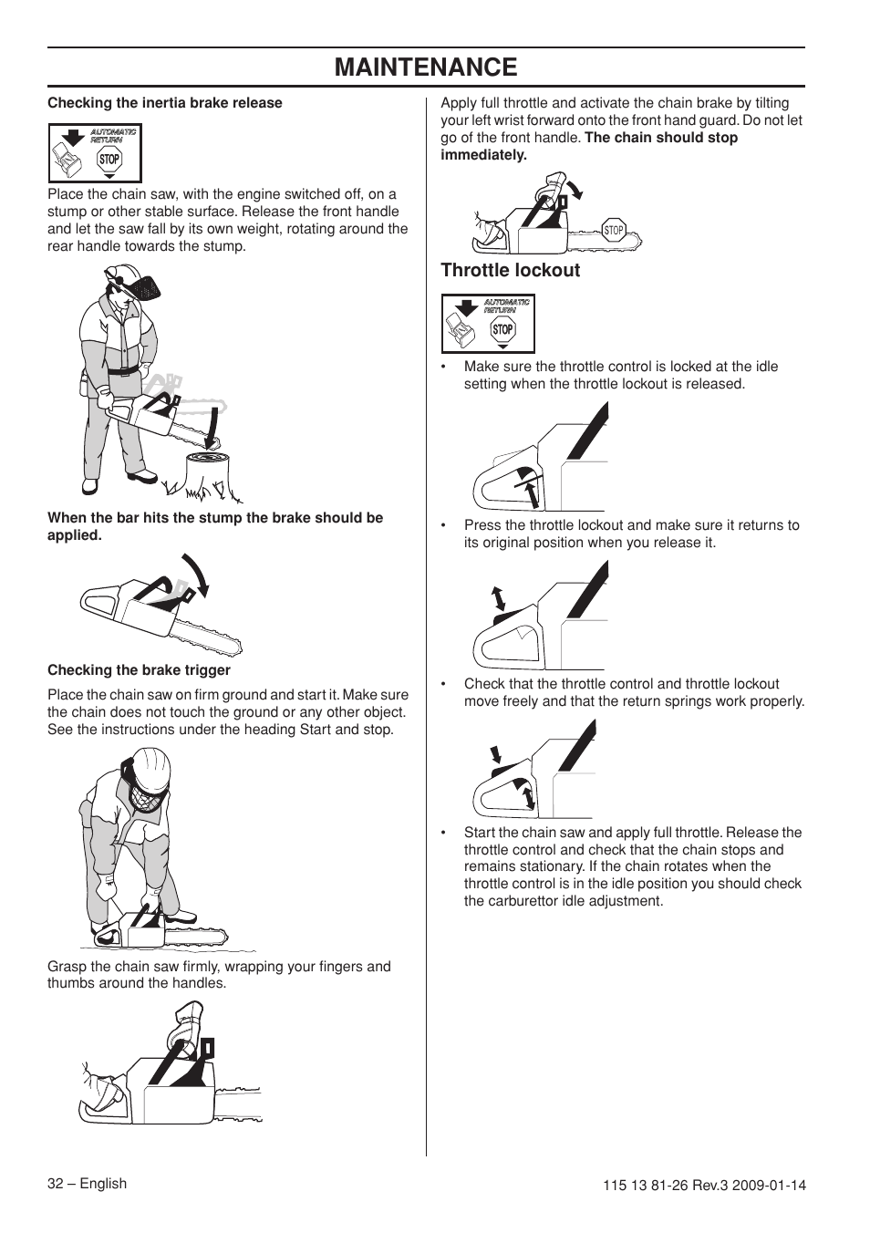 Throttle lockout, Maintenance | Husqvarna 115 13 81-26 User Manual | Page 32 / 44