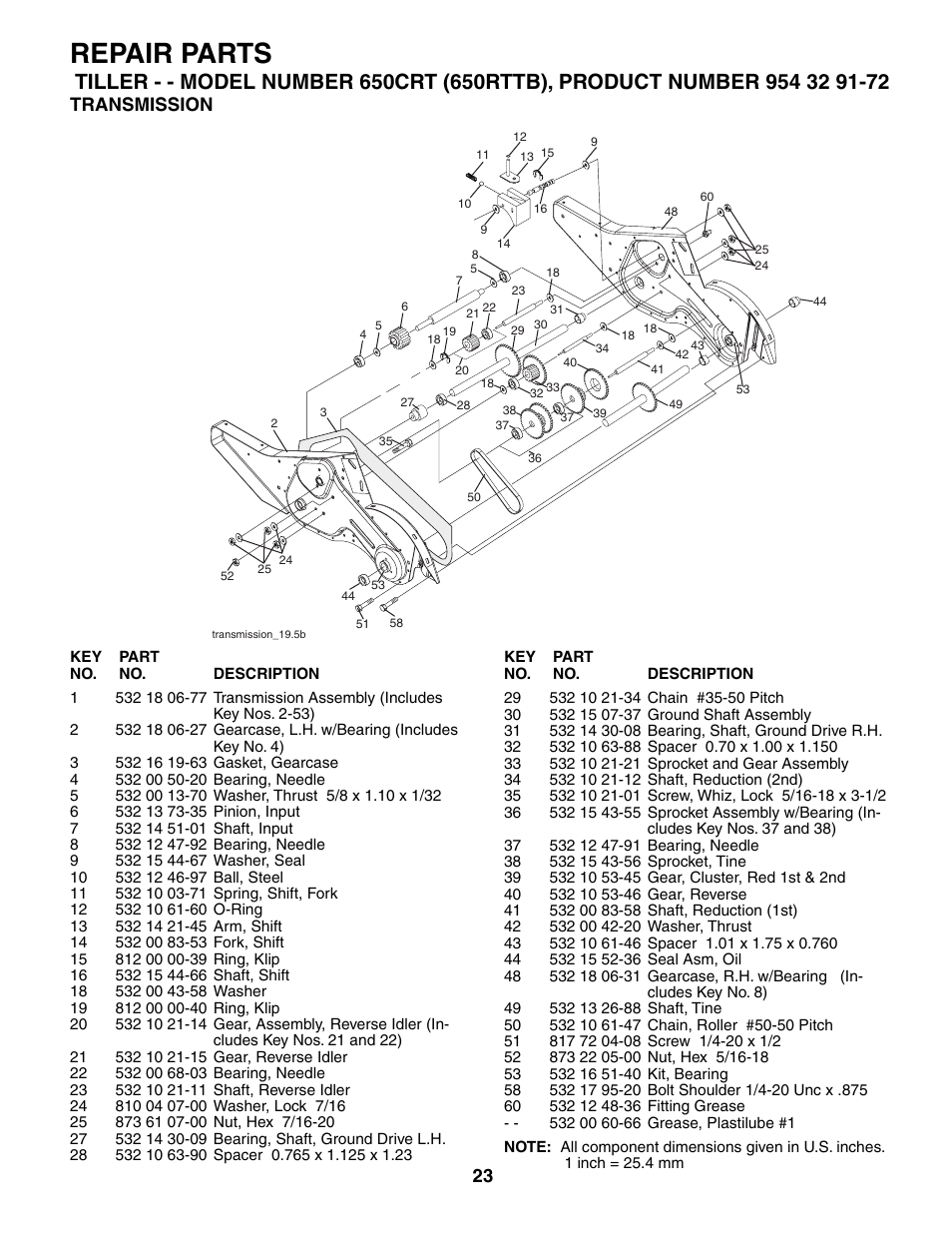 Transmission, Repair parts | Husqvarna 650CRT User Manual | Page 23 / 28