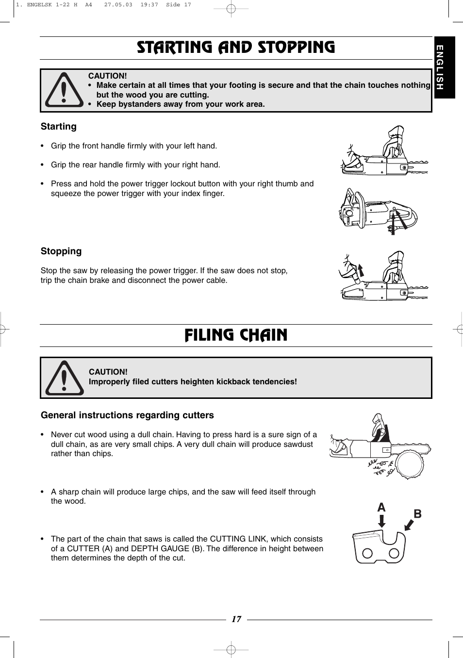 Starting and stopping, Filing chain | Husqvarna 320 User Manual | Page 18 / 25