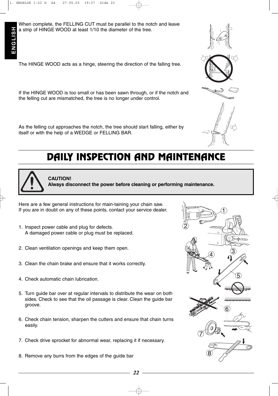 Daily inspection and maintenance | Husqvarna 320 User Manual | Page 23 / 25